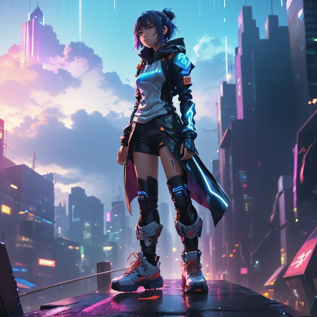 Anime Hooded Figure in Rainy Cityscape