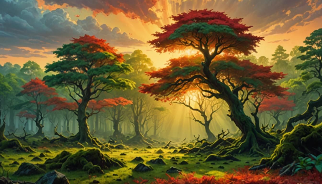 Enchanted Forest at Sunset: A Fantastical Scene