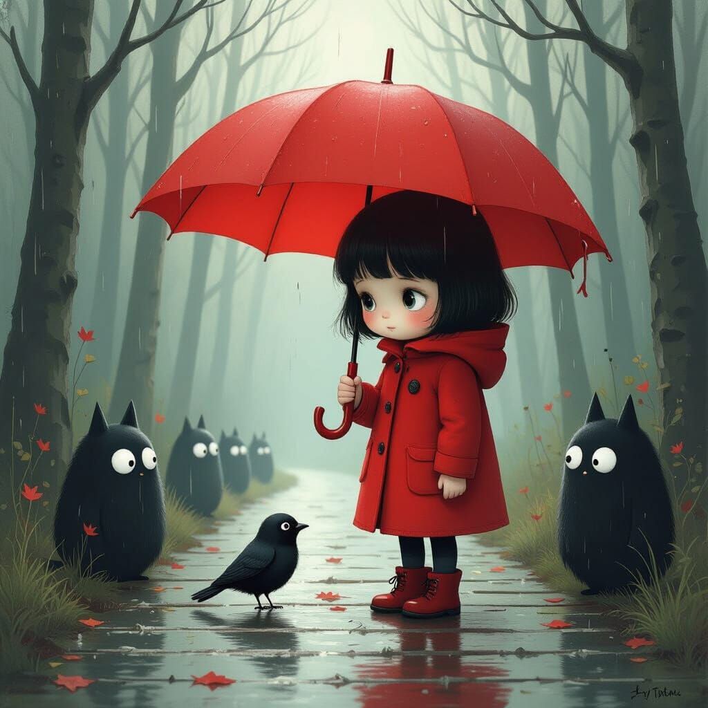 Child Sheltering Bird in Shadowy Forest