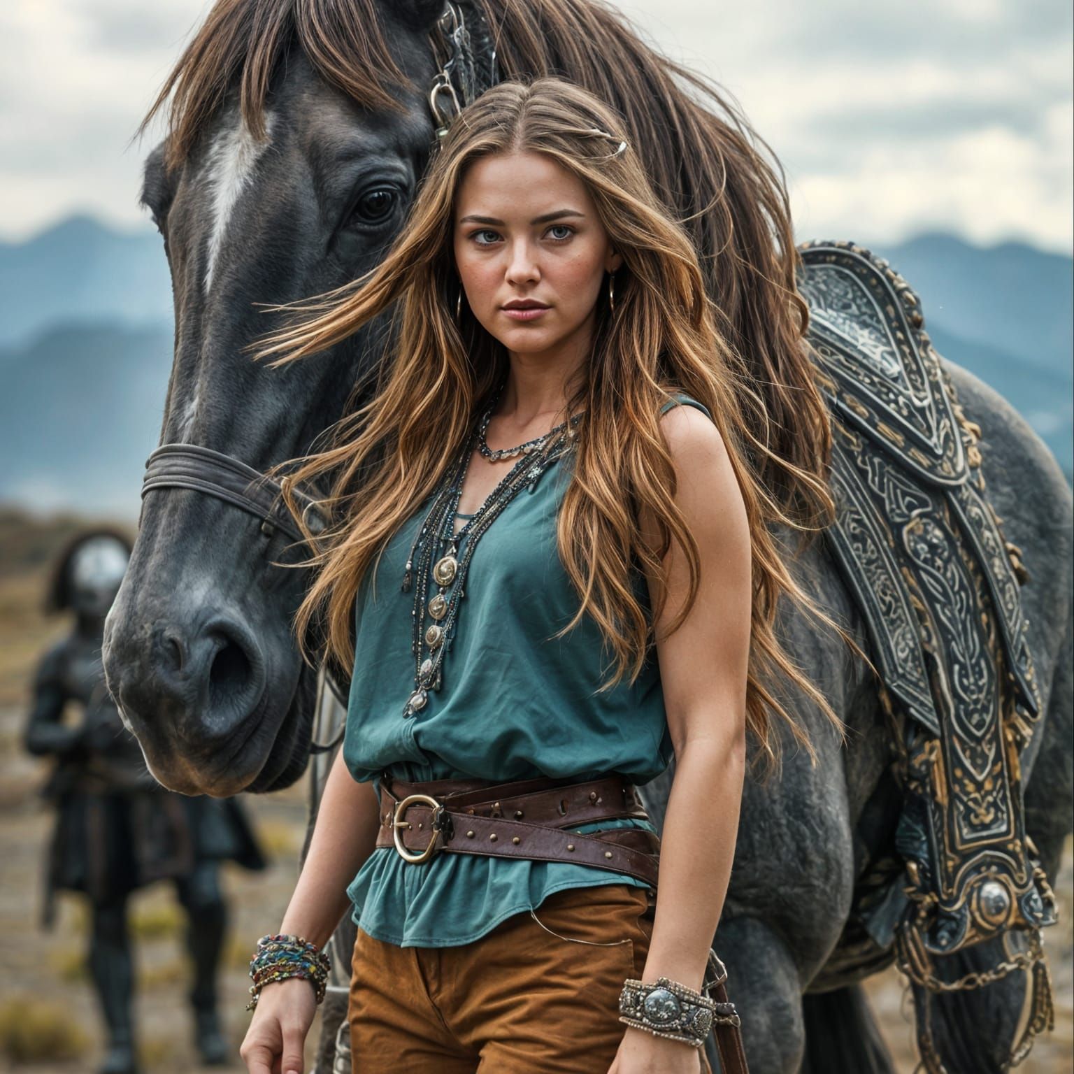 Arielle Kebbel Lookalike with Horse and Warrior
