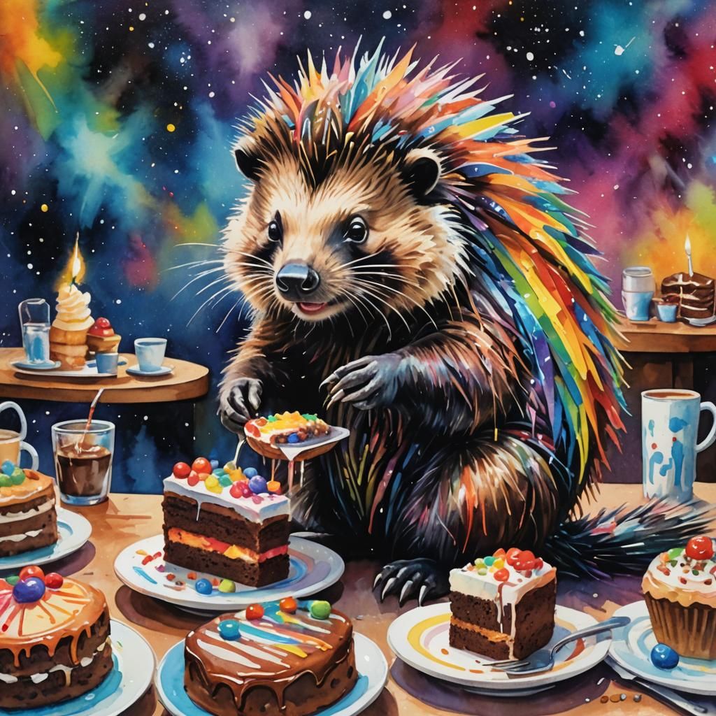 Rainbow Porcupine's Galactic Cafe Cake, Gouache Style