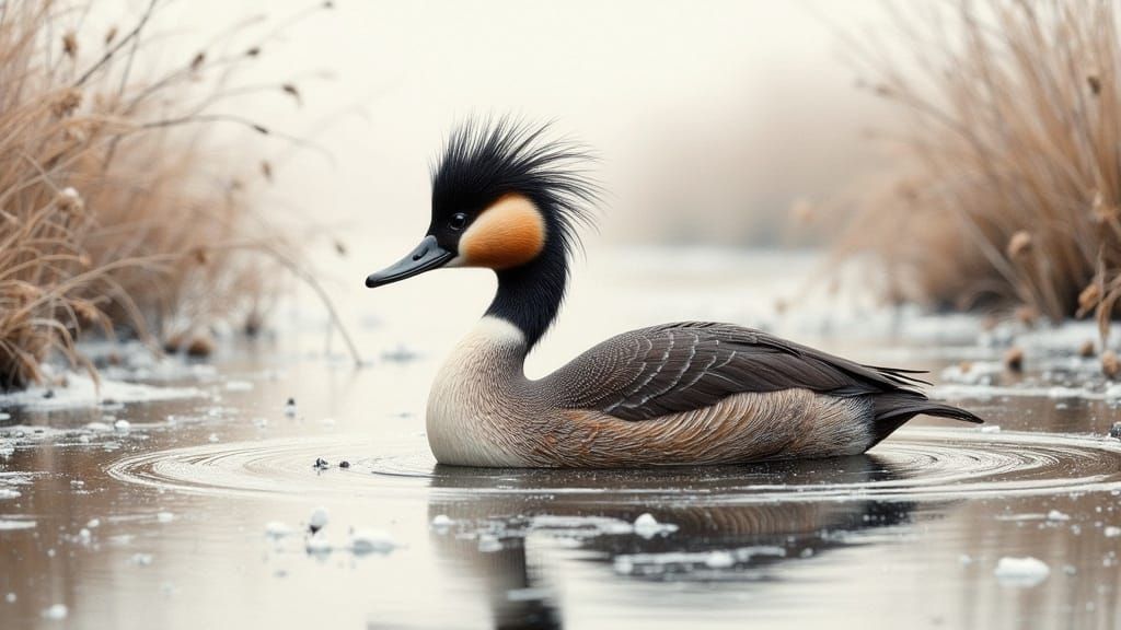 Great Crested Grebe in Frozen, Foggy Landscape