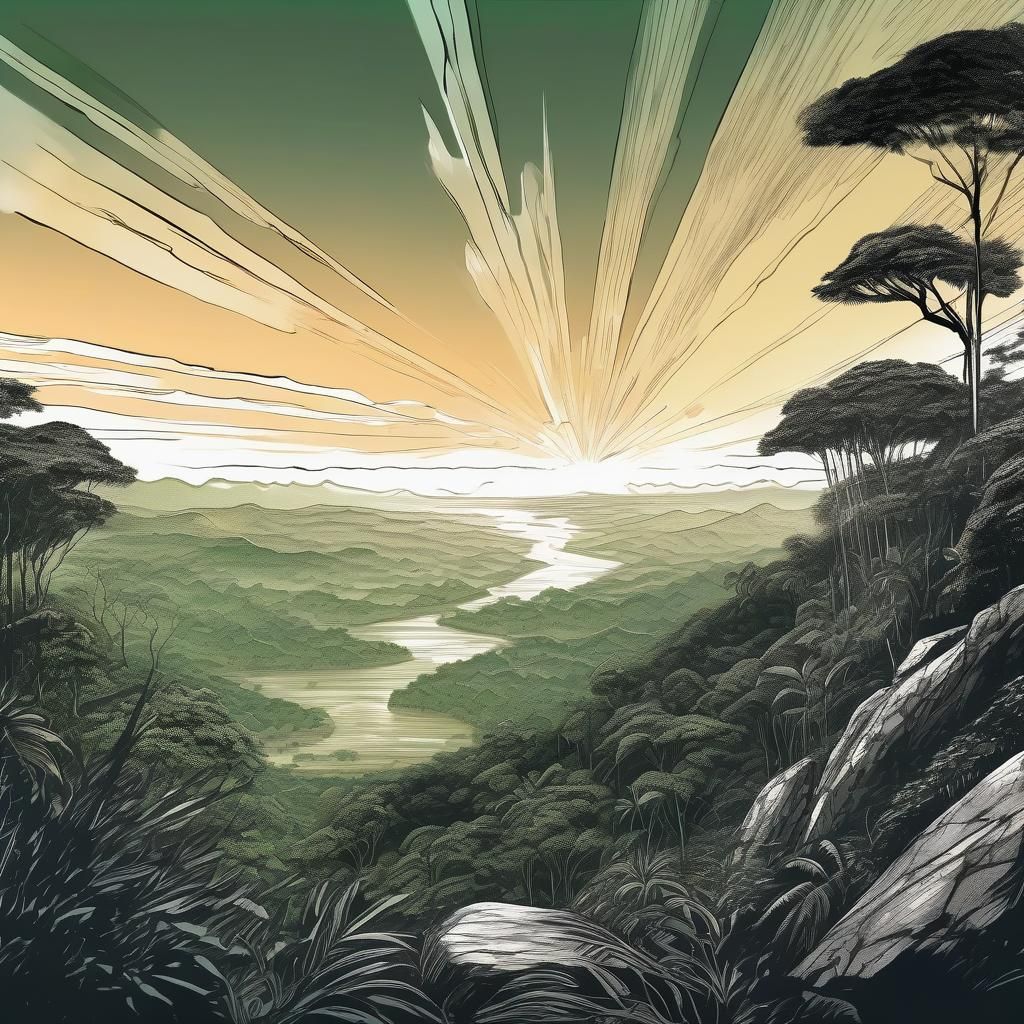 Rainforest Hilltop View: Digital Hand-Drawn Illustration