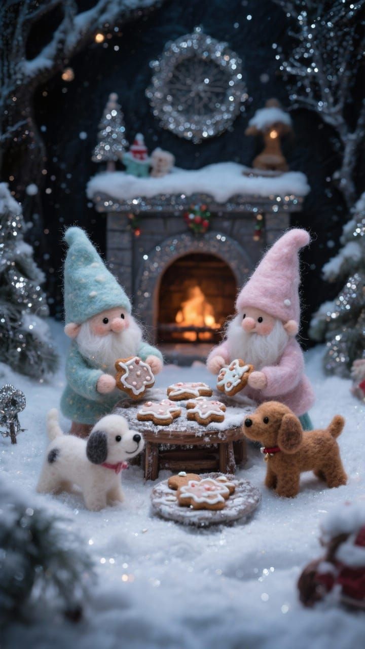 Felted Gnomes Baking Cookies with Puppies in Snowy Scene