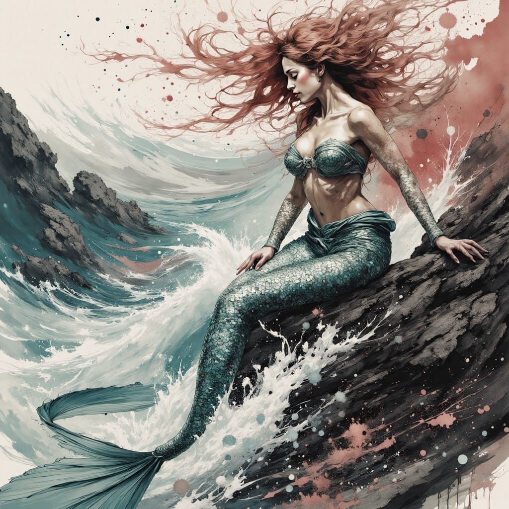 Splash Art Mermaid on Rocks in Turbulent Waves