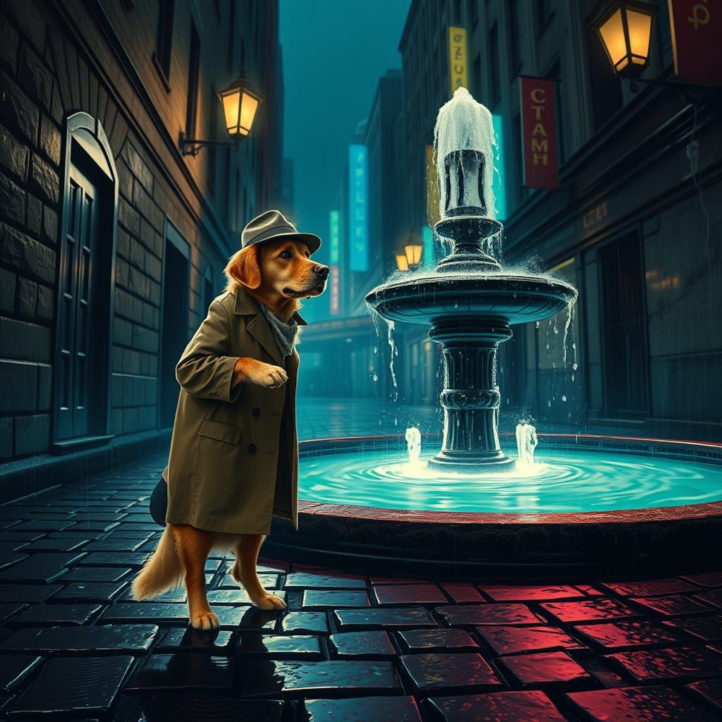 Golden Retriever Detective Investigates Glowing Fountain