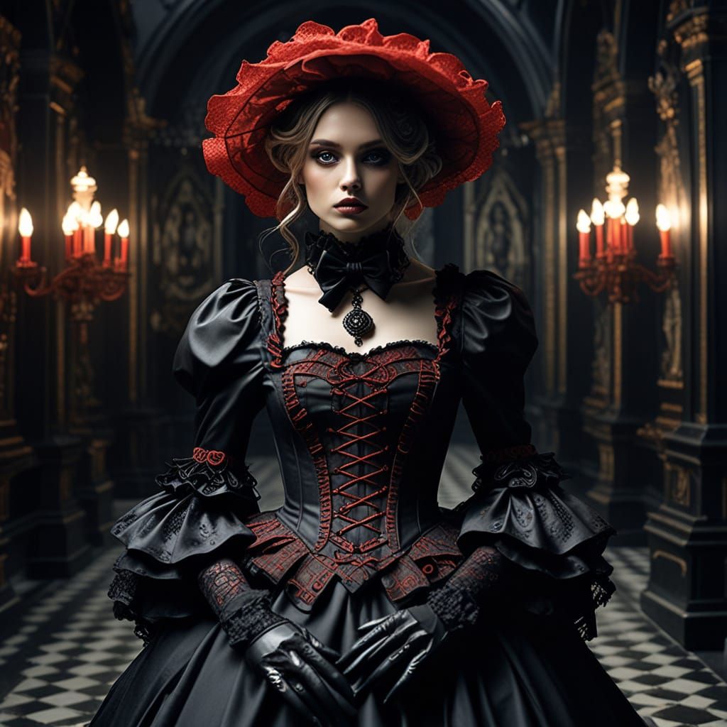 Gothic Queen Stands Vigilant in Dark, Futuristic Landscape