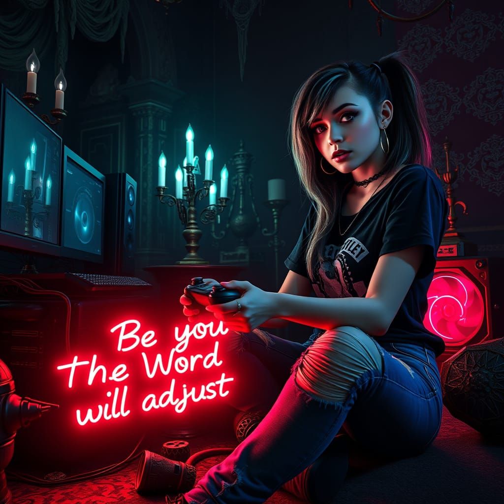 Gothic Gamer Girl in Neon-Lit Lair