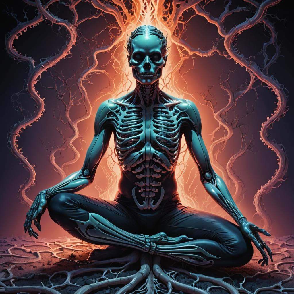 Surreal X-Ray Yoga Pose in Bold Colors