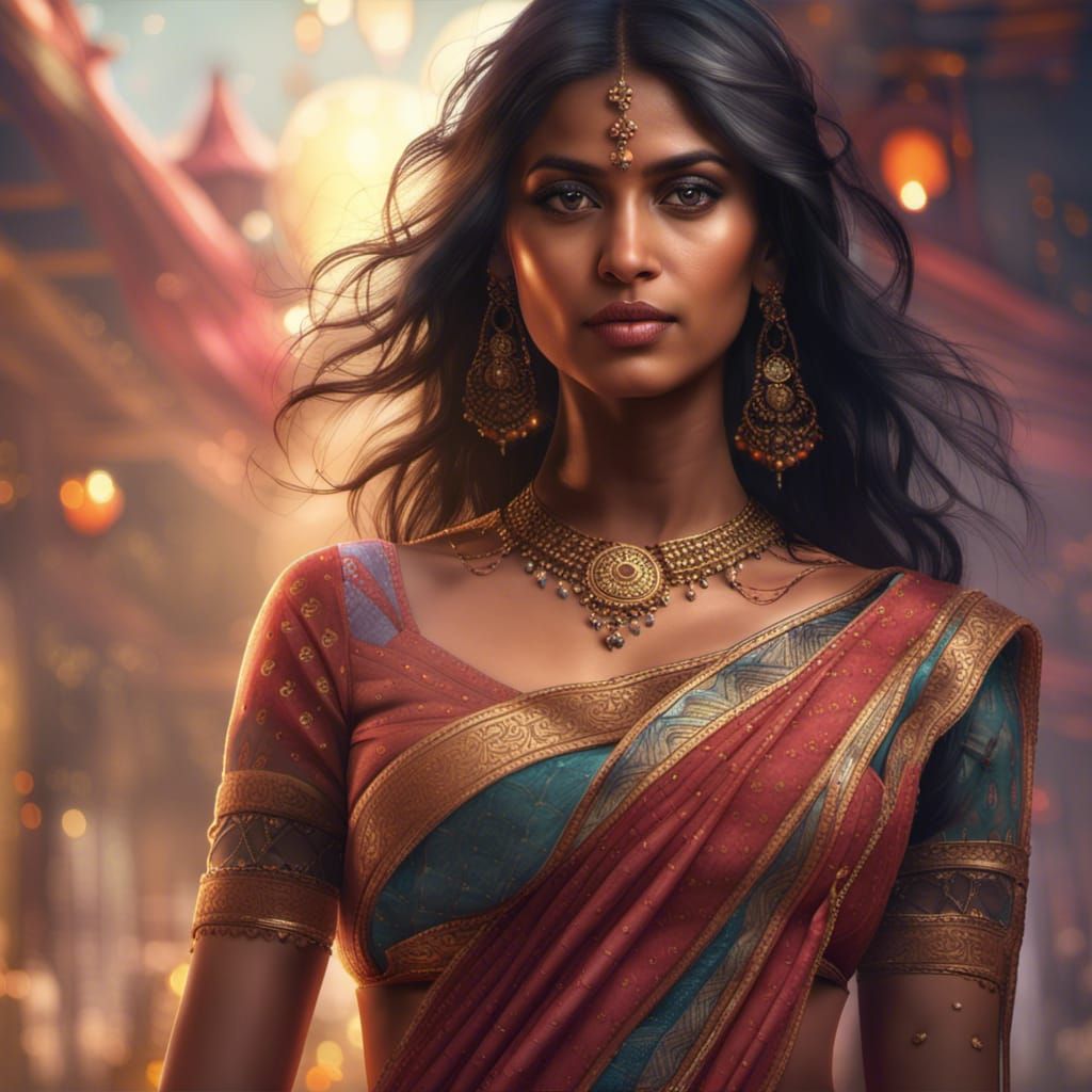 Indian Woman in Sari: Detailed Fantasy Art