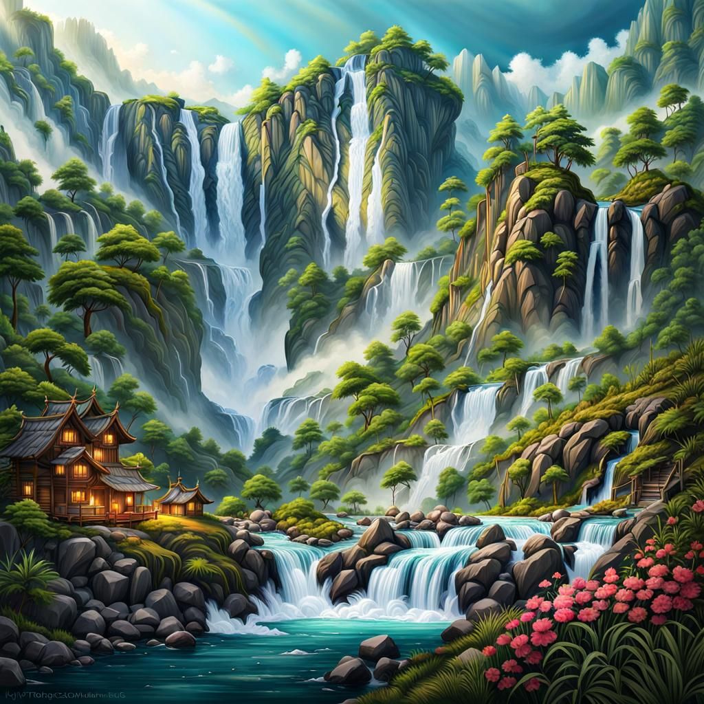 Mountain Waterfalls: Watercolor and Ink Painting