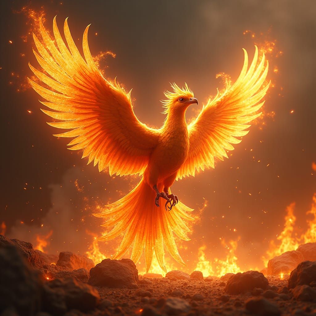 Majestic Phoenix Rising from Embers in Dramatic Lighting