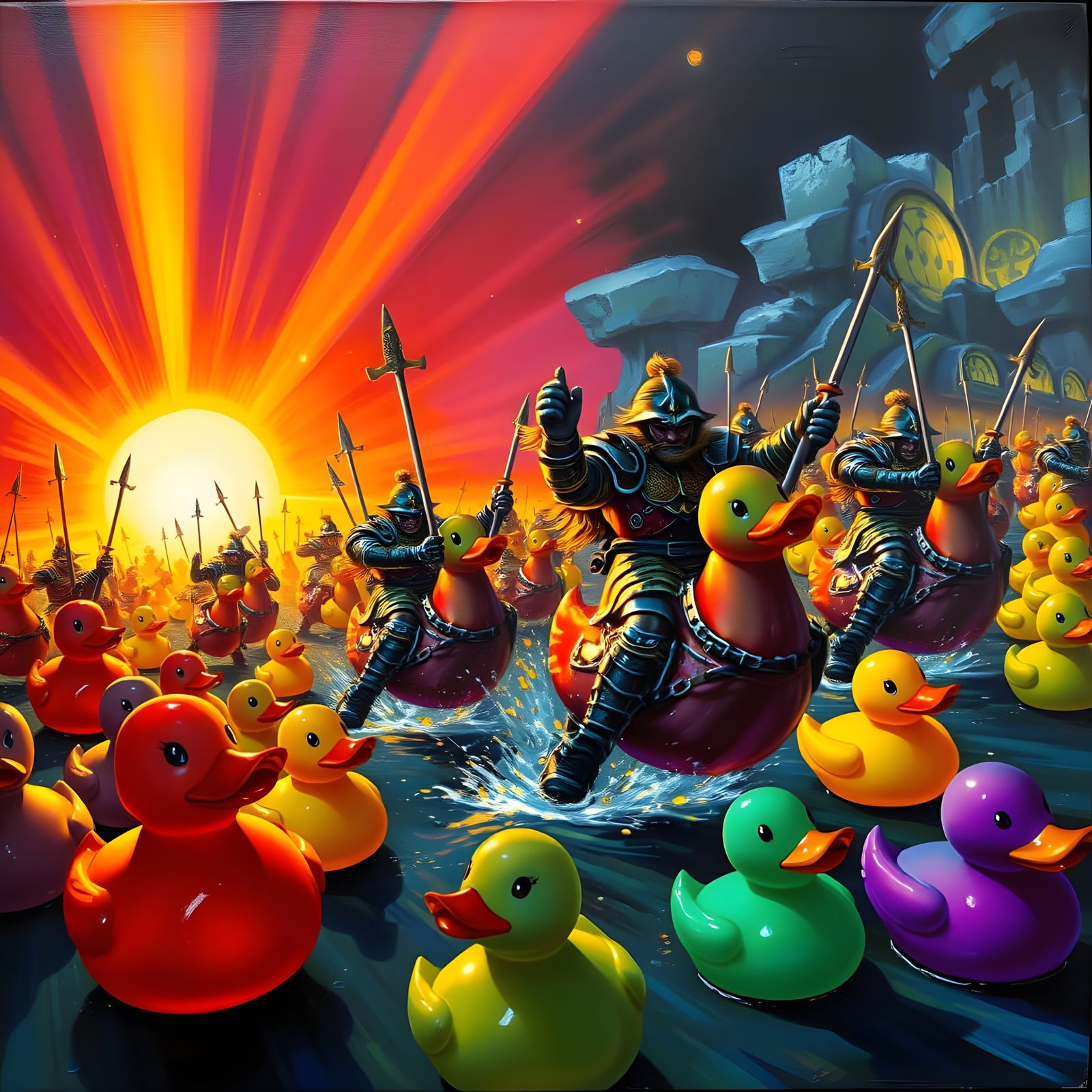 Vibrant Orcs Jousting on Colorful Rubber Duckies in a Whimsi...