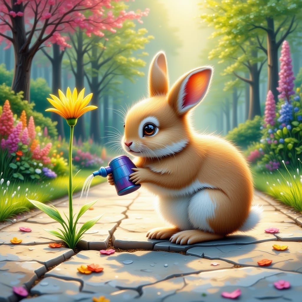 Fluffy Bunny Waters Bright Flower on Sidewalk
