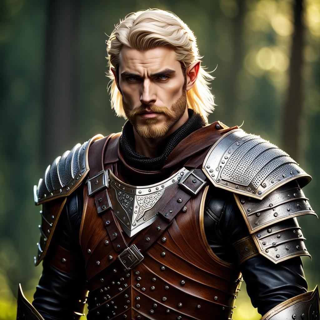 young bearded male wood half-elf fighter wearing studded leather armor, blonde hair
