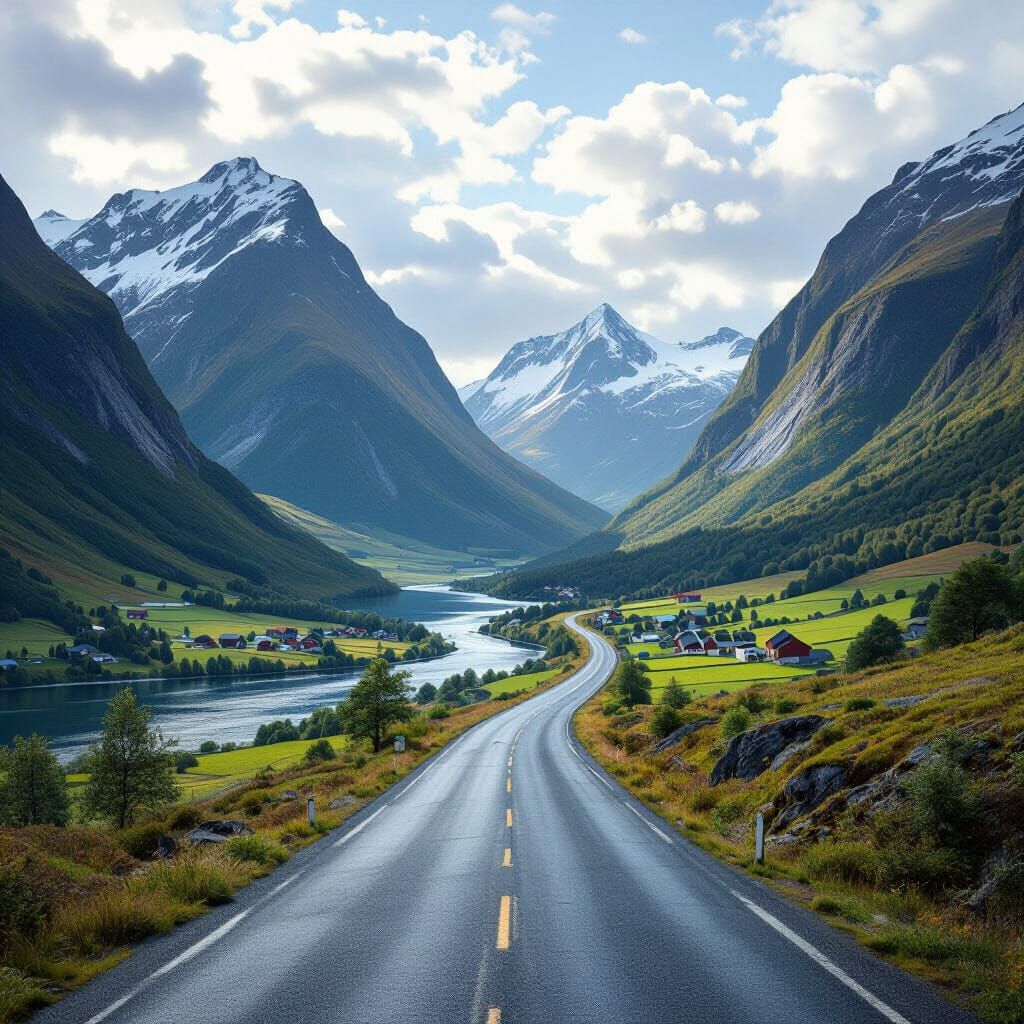 Majestic Norway Valley Road in Fantasy Concept Art Style
