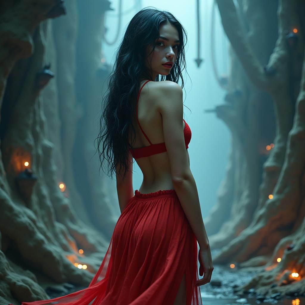 Ethereal Woman in Red Skirt: Mystical Fantasy Art