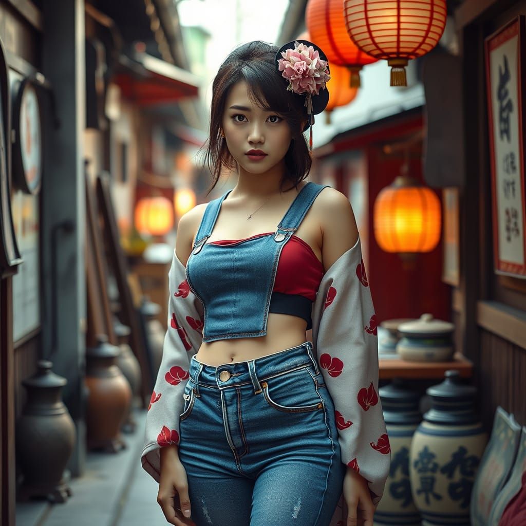 Geisha in Jeans: A Photorealistic Japanese Portrait