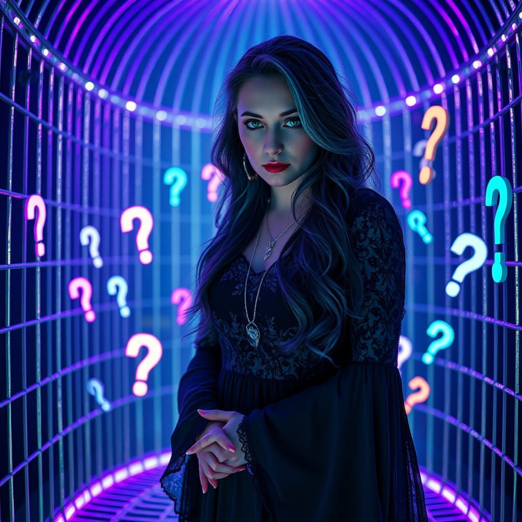 Surreal Woman in Glowing Cage With Question Marks