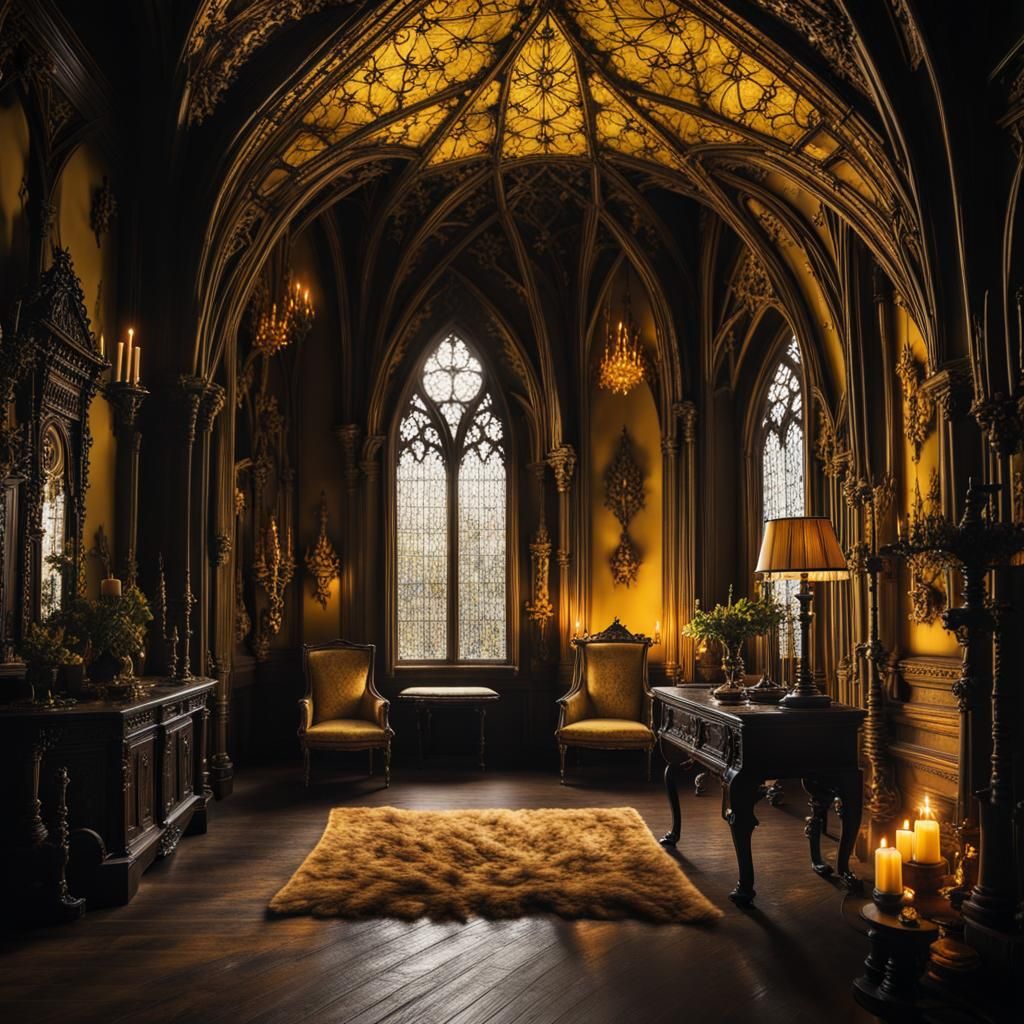 Intricate Gothic Room in Dark Yellows: Photography