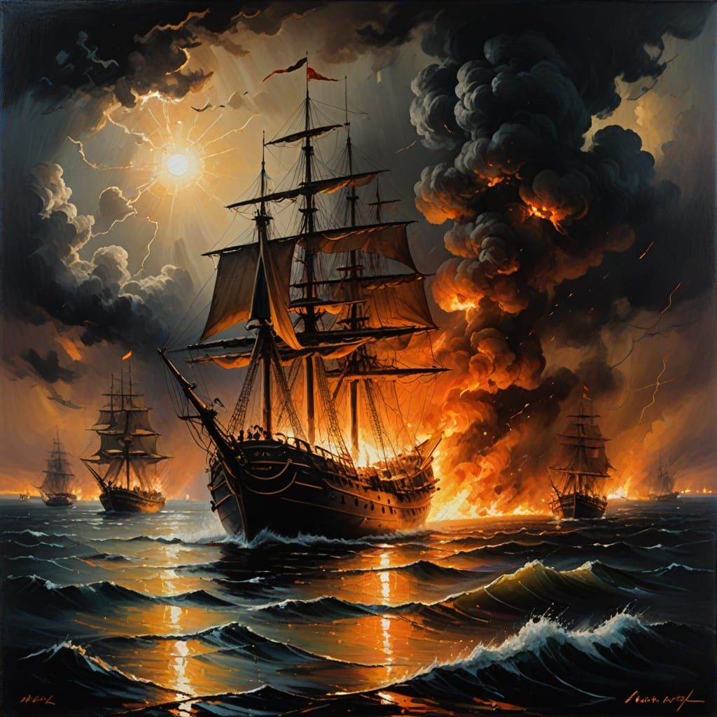 Burning Ships at Night: A Romantic Seascape