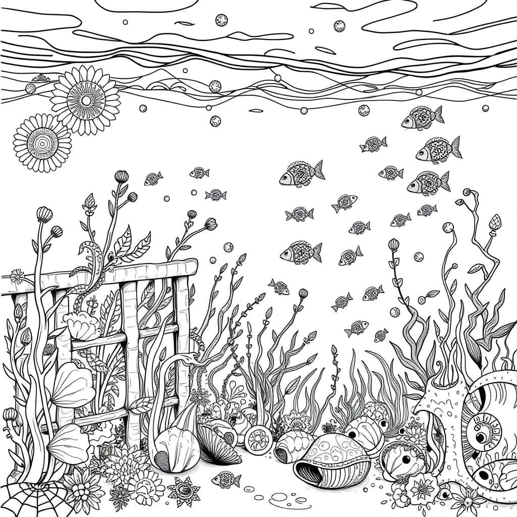 Whimsical Underwater World in Black and White Line Drawing