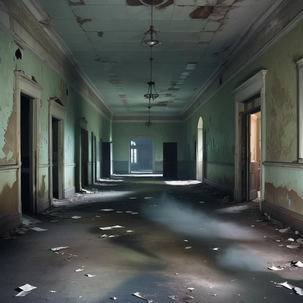 Abandoned Asylum with Eerie Shadows and Flickering Lights