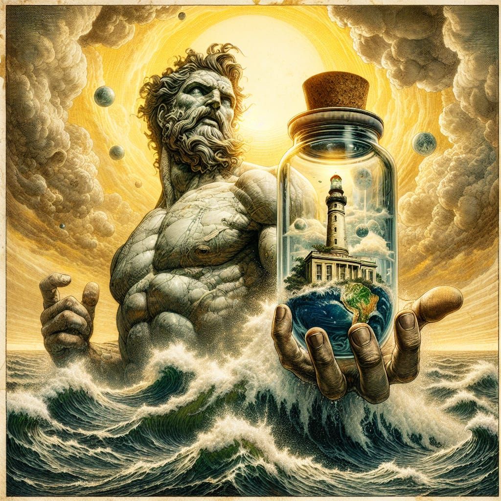 Poseidon Emerges Holding a Lighthouse: Watercolour and Ink