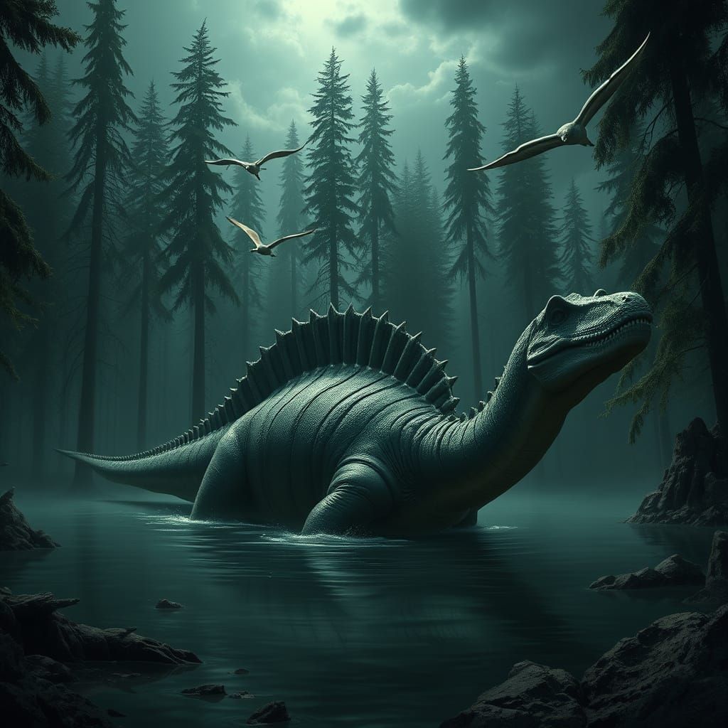 Gothic Paleoart: Spinosaurus in Prehistoric Swamp