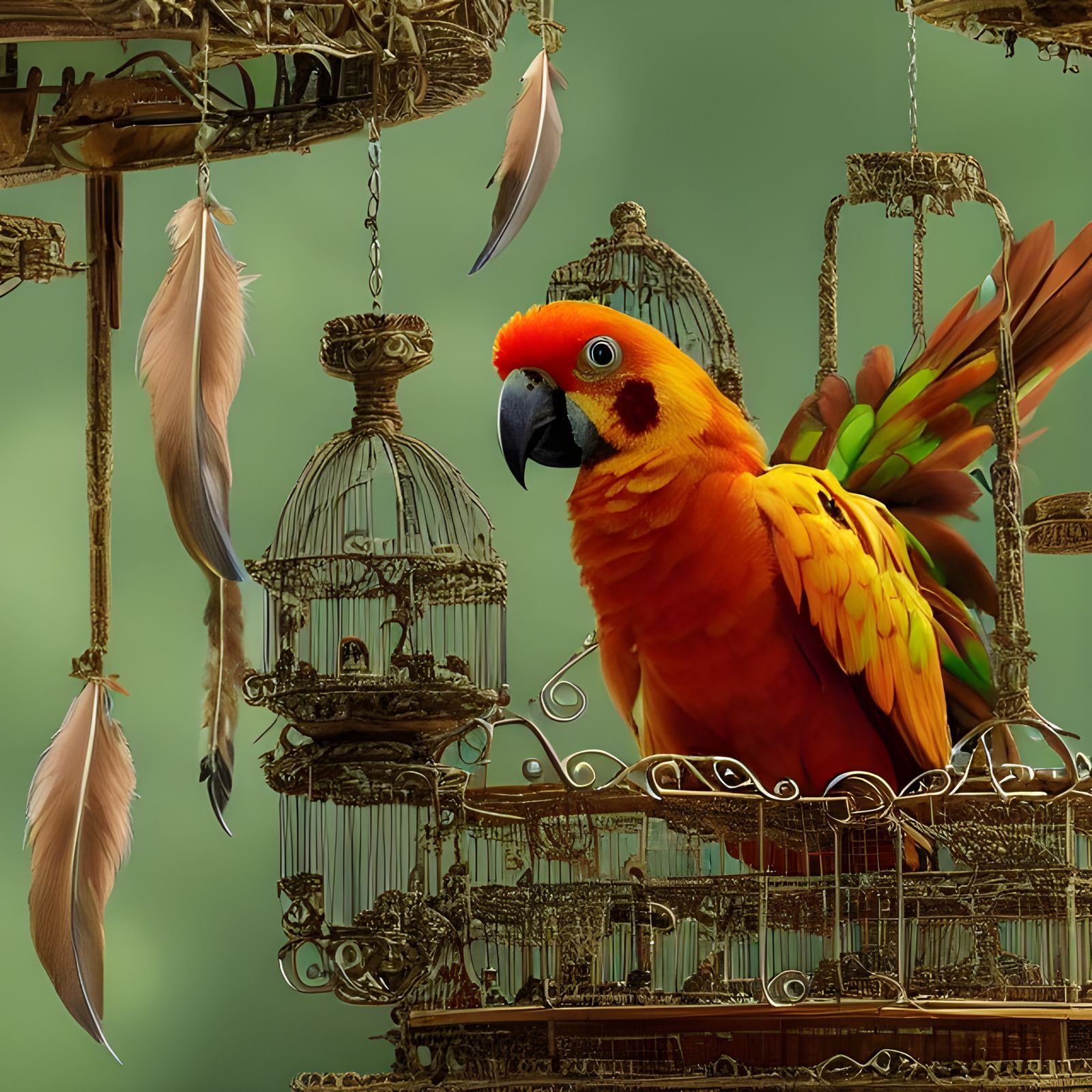 Detailed Sun Conure Preening: Ornate Bird Portrait