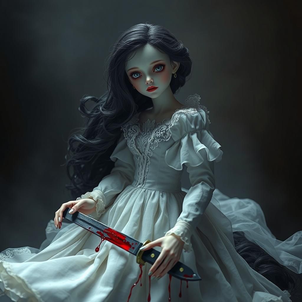 Eerie Porcelain Doll with Knife, Dreamlike Art