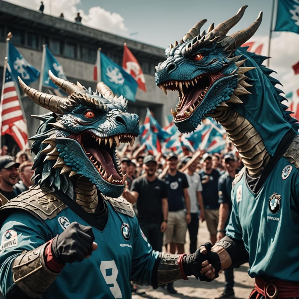 Dragon Men Cheer in Cinematic Style