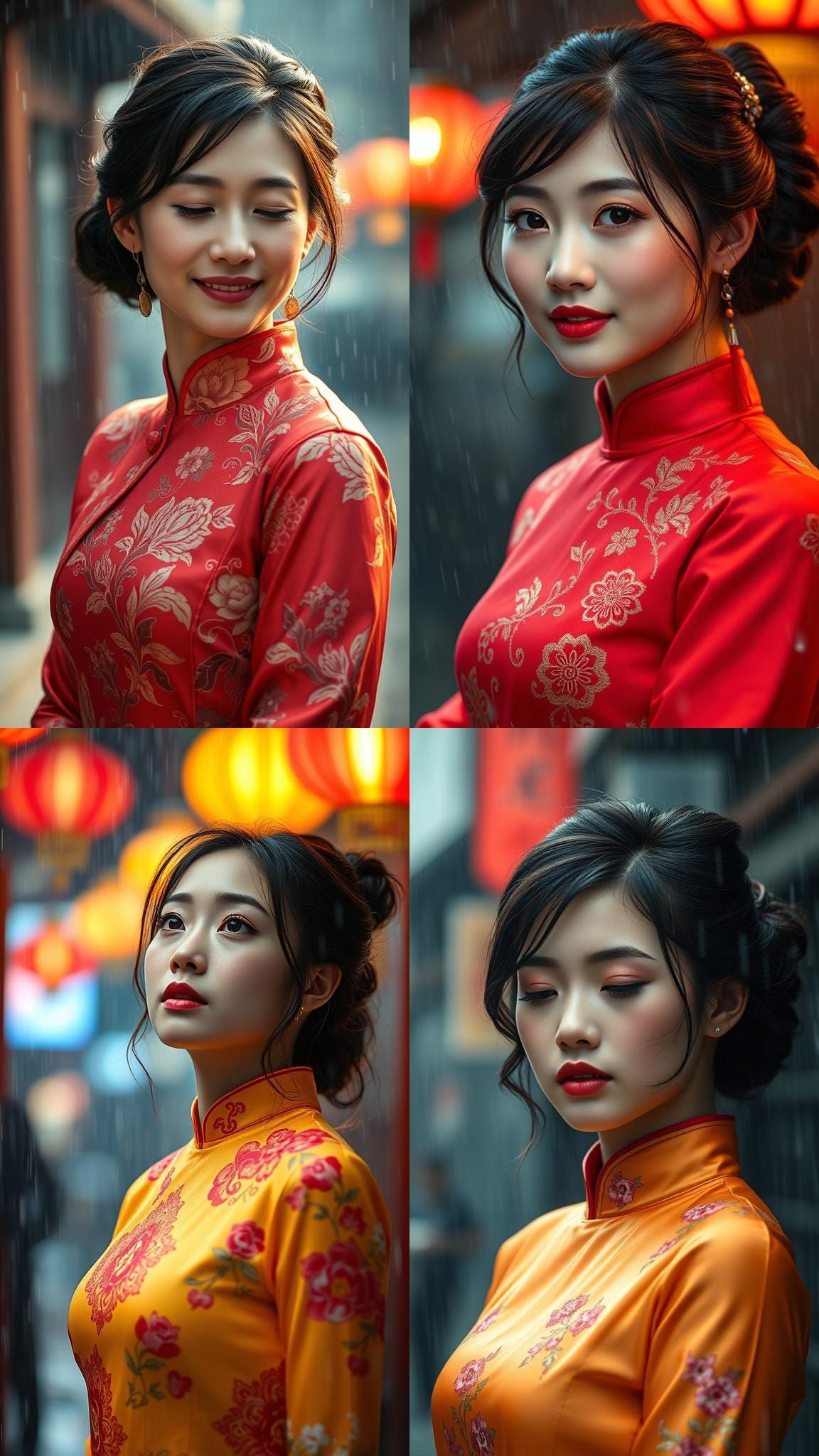 Asian Woman in Cheongsam Enjoying Rain, Cinematic Style