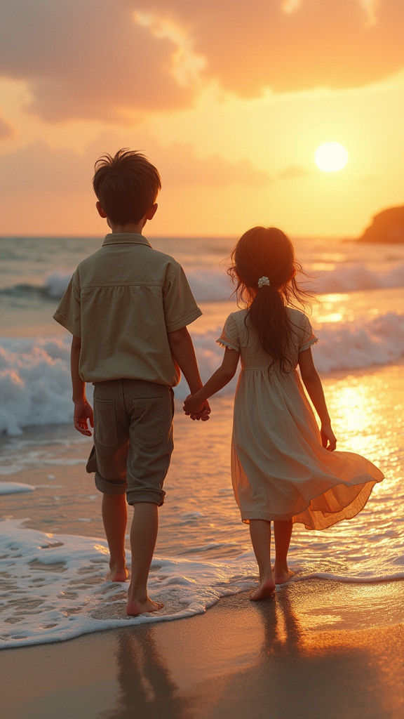 Children Walking at Sunset: Fantasy Concept Art