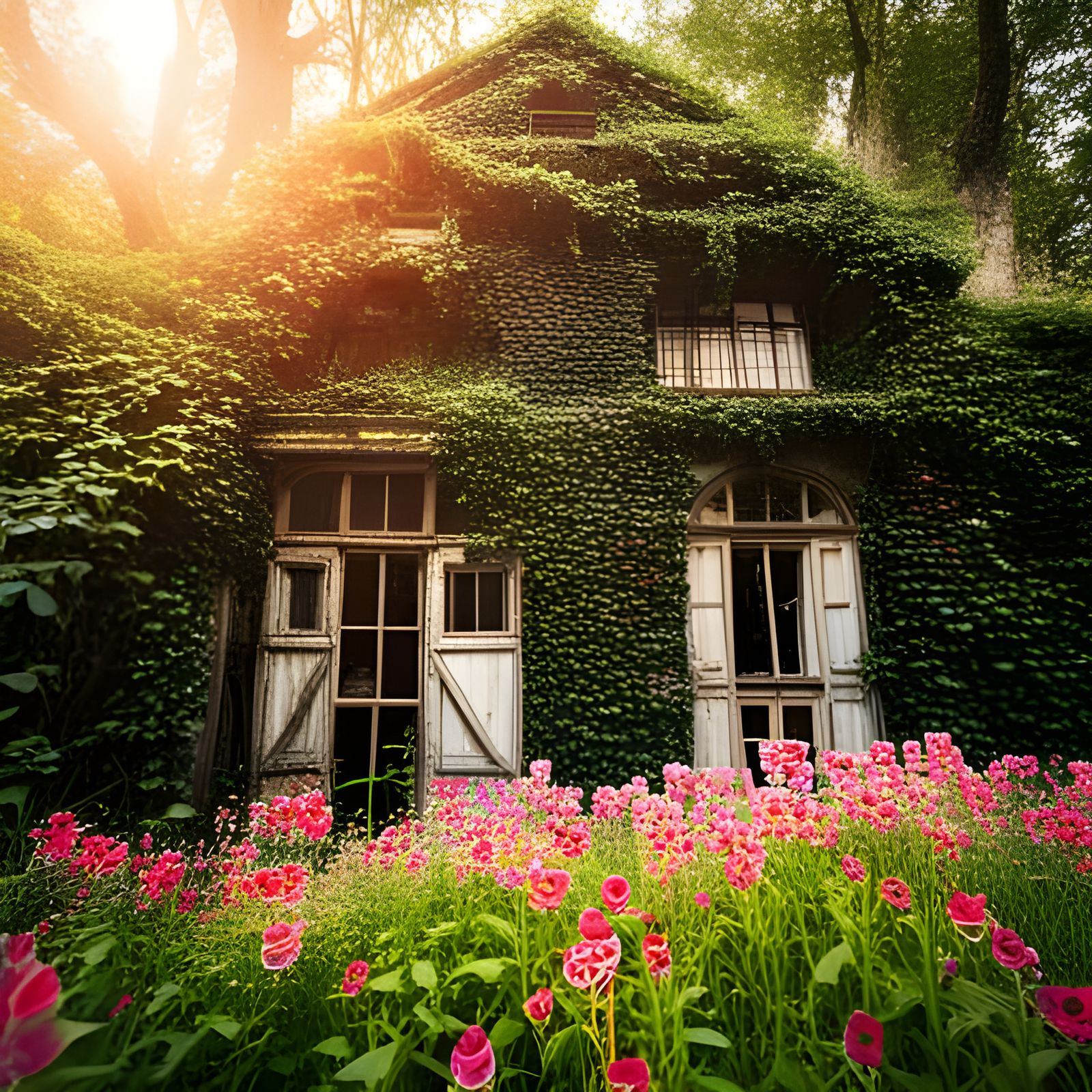 Abandoned Building Surrounded by Flowers at Sunset