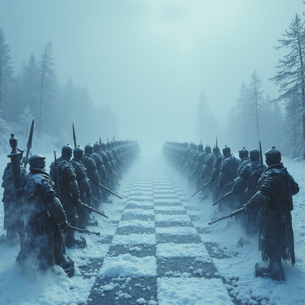 Chess Pieces Clash in Frozen Tundra Landscape