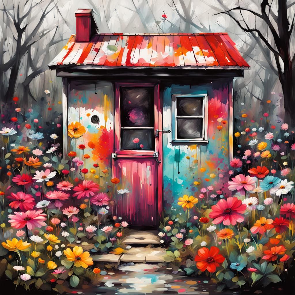 Spring Flower Garden Shed in Trash Polka Style
