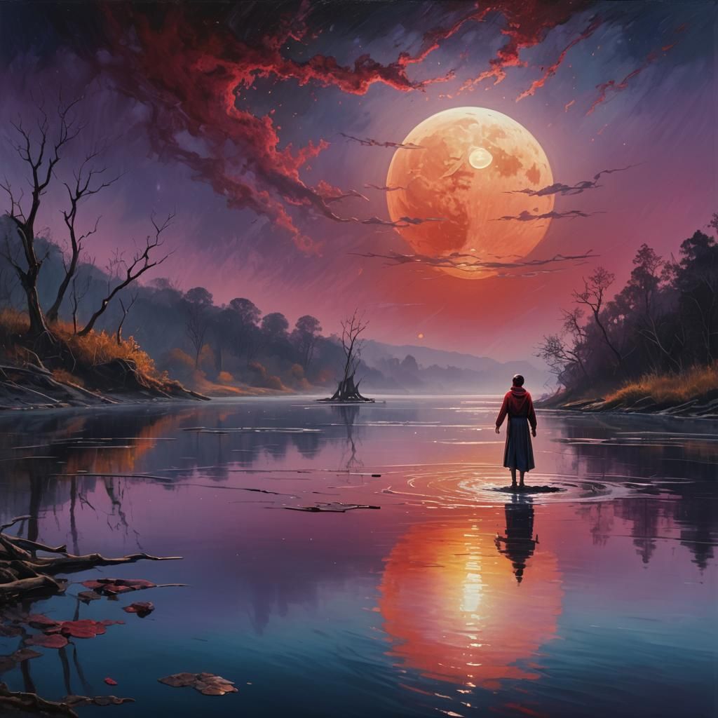 Surreal River Scene with Setting Red Moon