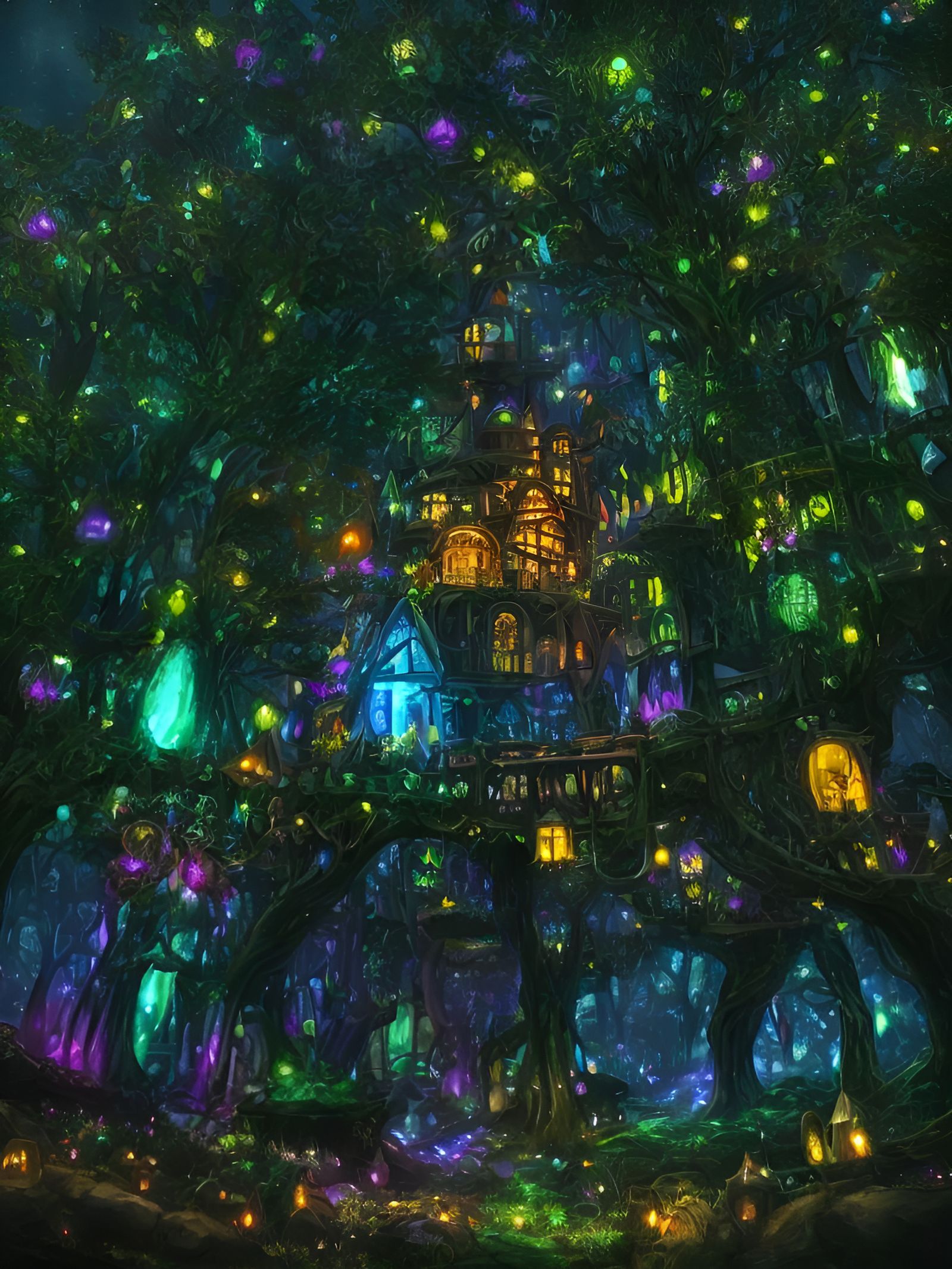 Glowing Tree Village in Dark Fairytale Land