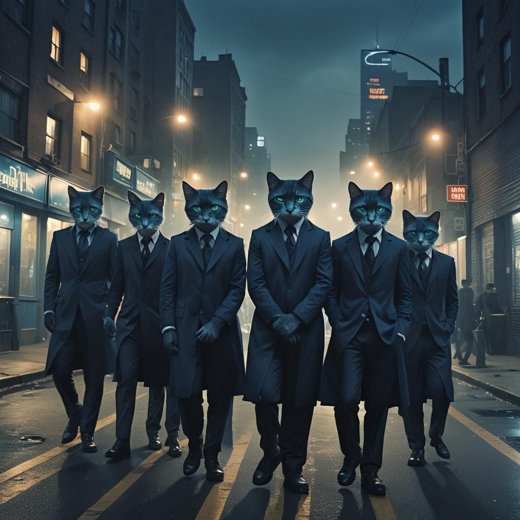 Cinematic Band of Blue Cats in Shadows