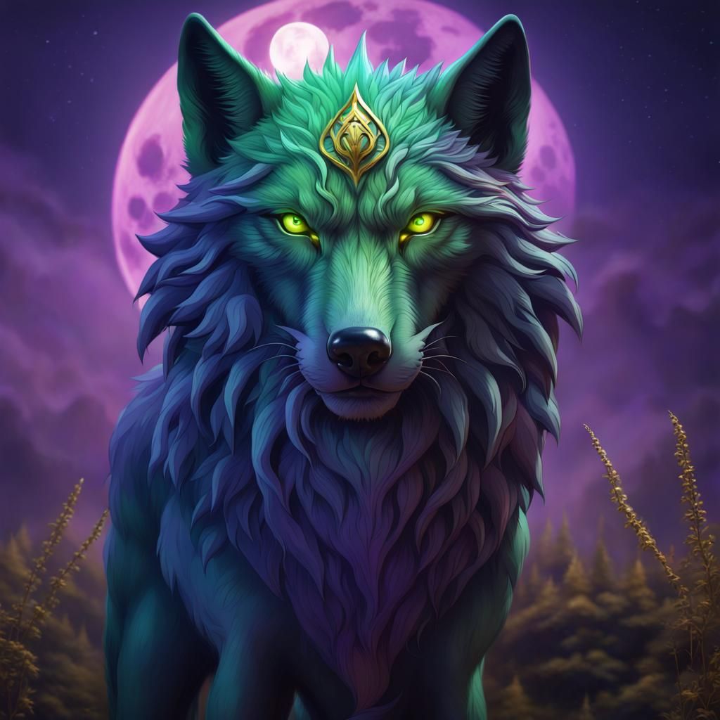 Ombre Wolf with Golden Eyes Under Full Moon