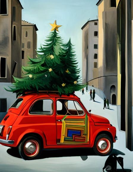 Fiat 500 with Christmas Tree, in Cubist Style