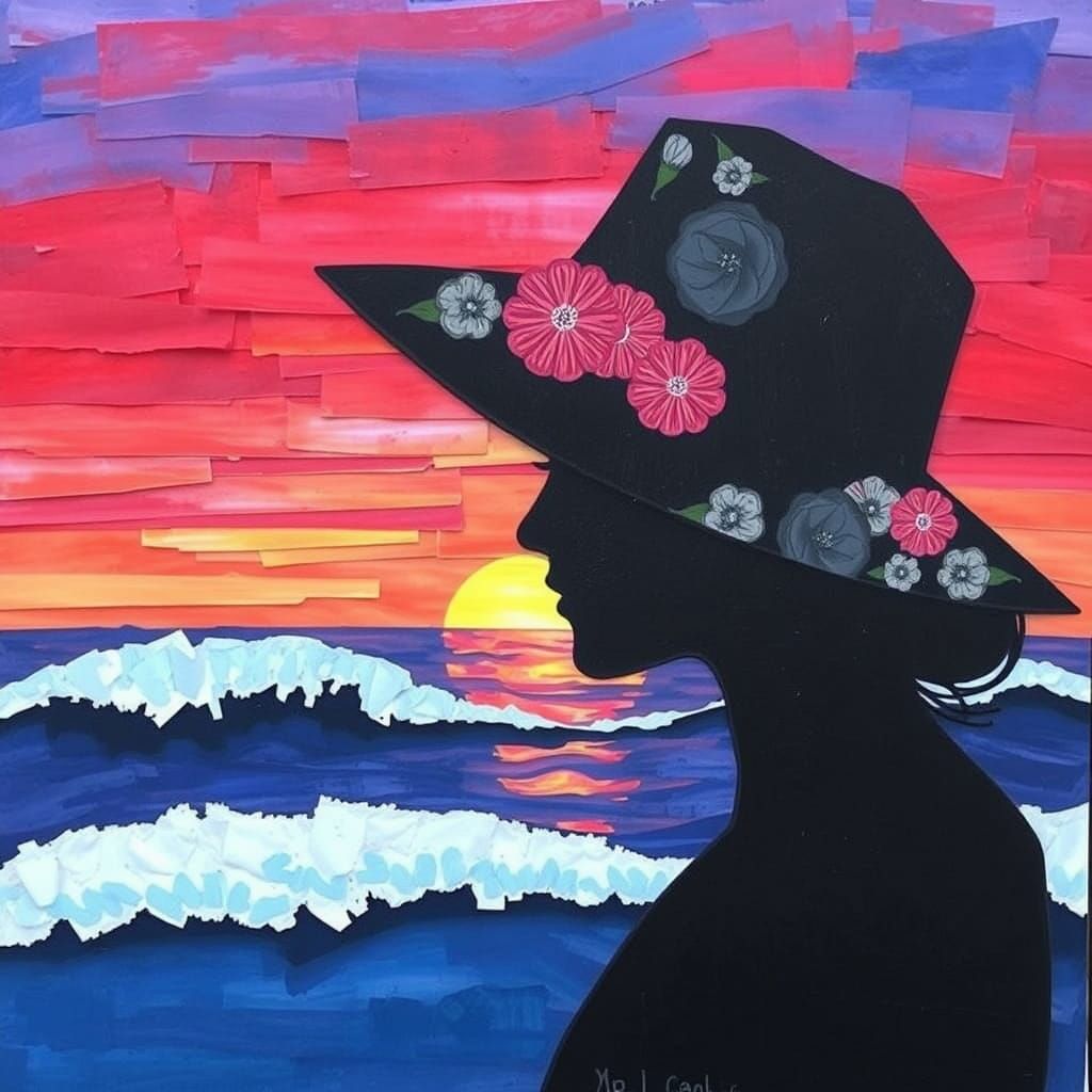 Woman in Sunset Silhouette with Vibrant Mixed Media Art