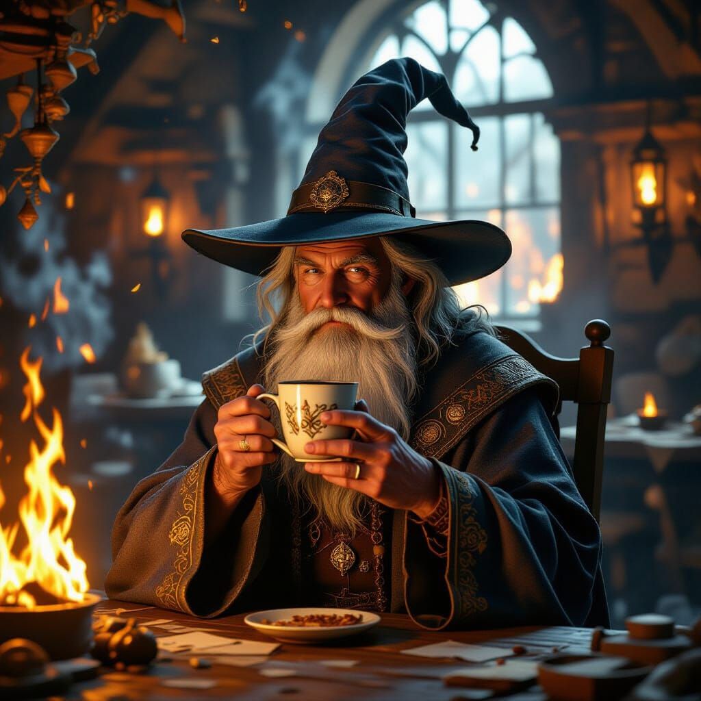 Wizard Sipping Coffee in Burning Tavern, Fantastical Style
