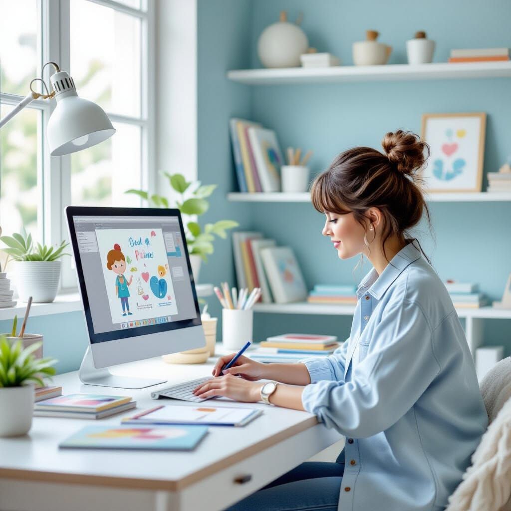 Designer Creates Children's Printables in Cozy Workspace