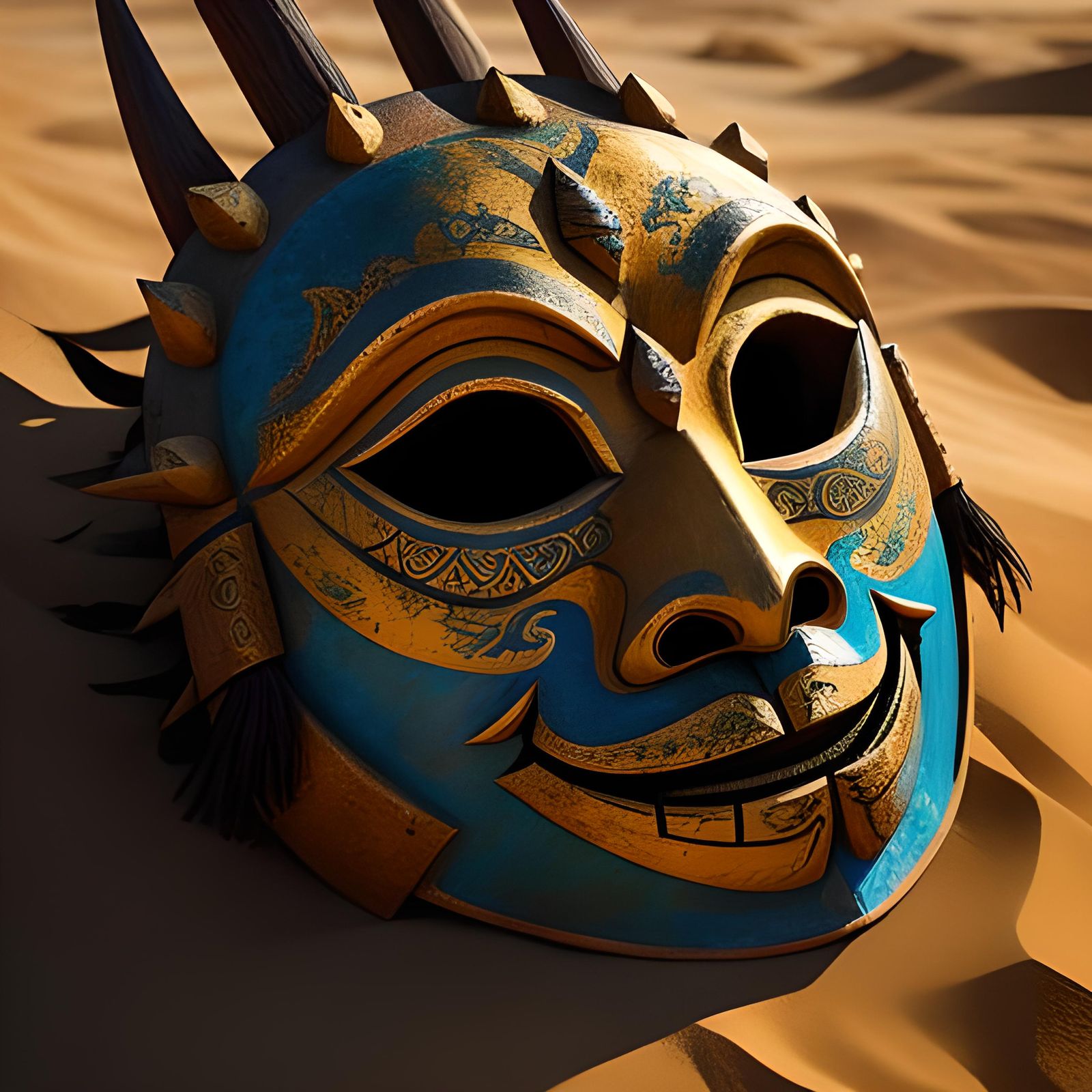Mongolian Mask in Gobi Desert, Tim Burton Horror Style