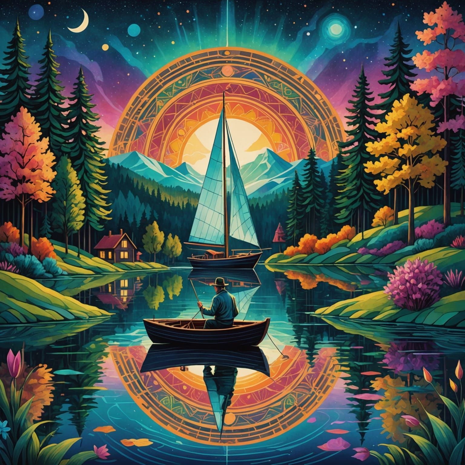 Psychedelic Sailboat on Serene Lake Under Aurora Lights