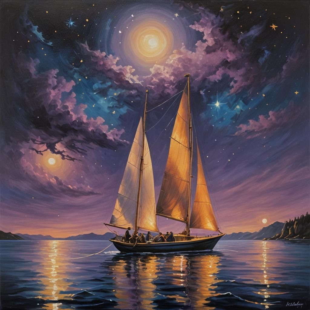 Sailboat on Calm Ocean Under Night Sky as Oil Painting