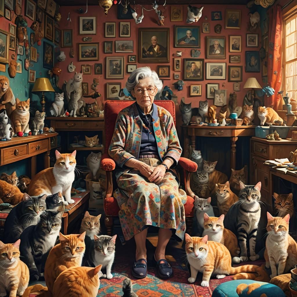 Hyperrealistic Portrait of an Elderly Cat Lover
