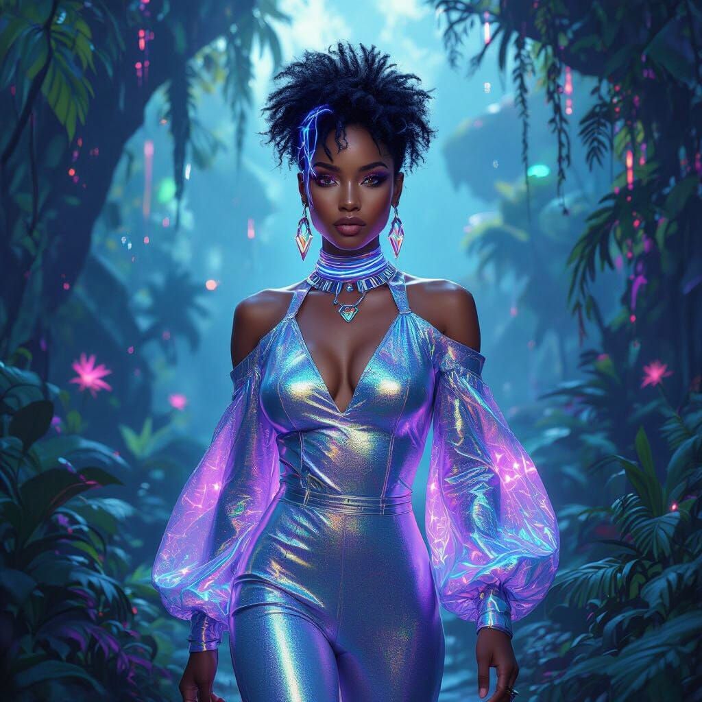 Futuristic Woman in Bioluminescent Alien Rainforest